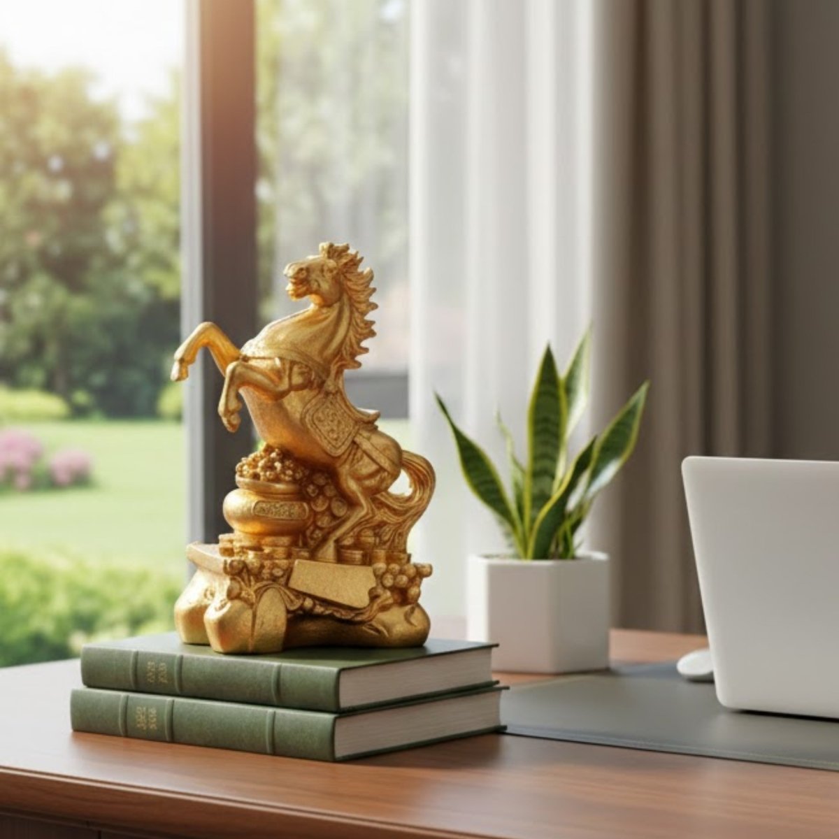 Feng Shui Success | Fire Horse Statue with Elegant Golden Finish | Symbol of Wealth and Luck for Ambition 2