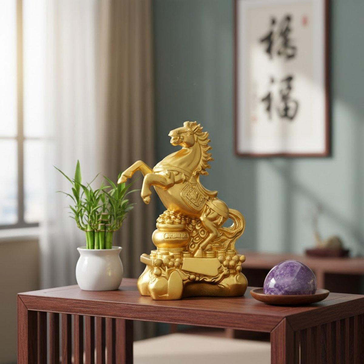 Feng Shui Success | Fire Horse Statue with Elegant Golden Finish | Symbol of Wealth and Luck for Ambition 3