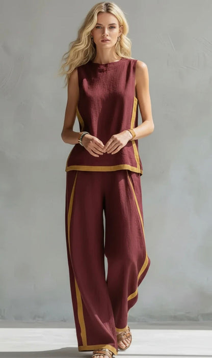 Leila | Contrast Trim Sleeveless Shell And Wide-Leg Linen Set