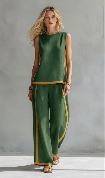 Leila | Contrast Trim Sleeveless Shell And Wide-Leg Linen Set