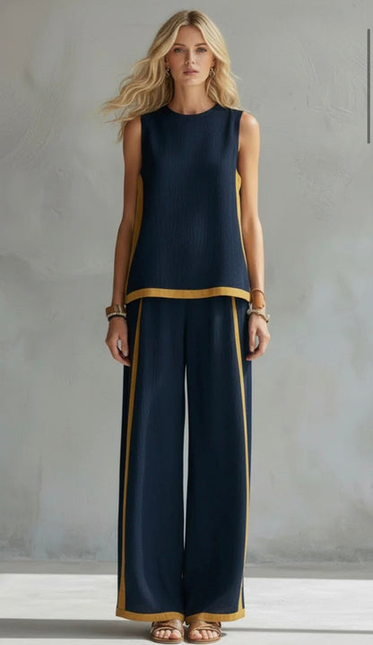 Leila | Contrast Trim Sleeveless Shell And Wide-Leg Linen Set