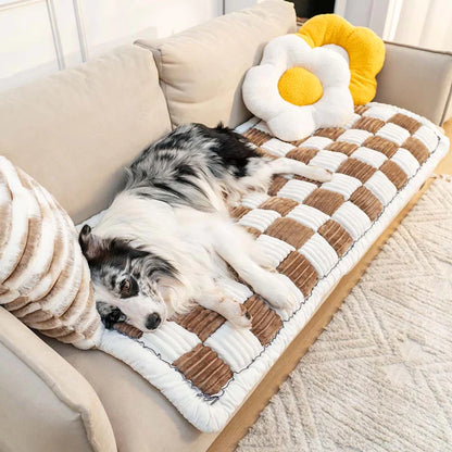 Cream-coloured Large Plaid Square Fuzzy Pet Dog Mat Bed Couch Cover