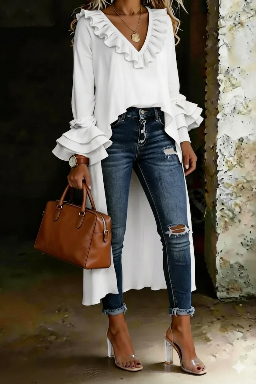 Women's Casual Solid Color Ruffled V-neck Cotton Shirt
