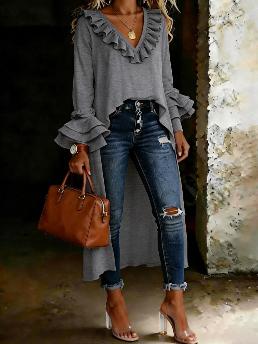 Women's Casual Solid Color Ruffled V-neck Cotton Shirt