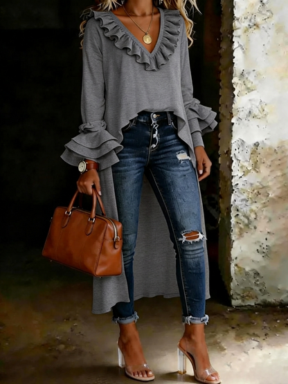 Women's Casual Solid Color Ruffled V-neck Cotton Shirt