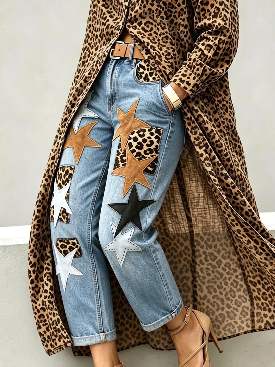 Nova | Women's Star And Leopard Patchwork Relaxed Denim Pants