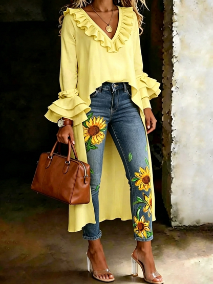Women's Casual Solid Color Ruffled V-neck Cotton Shirt