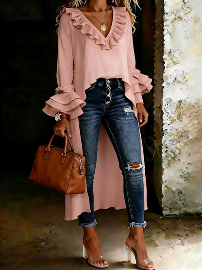 Women's Casual Solid Color Ruffled V-neck Cotton Shirt