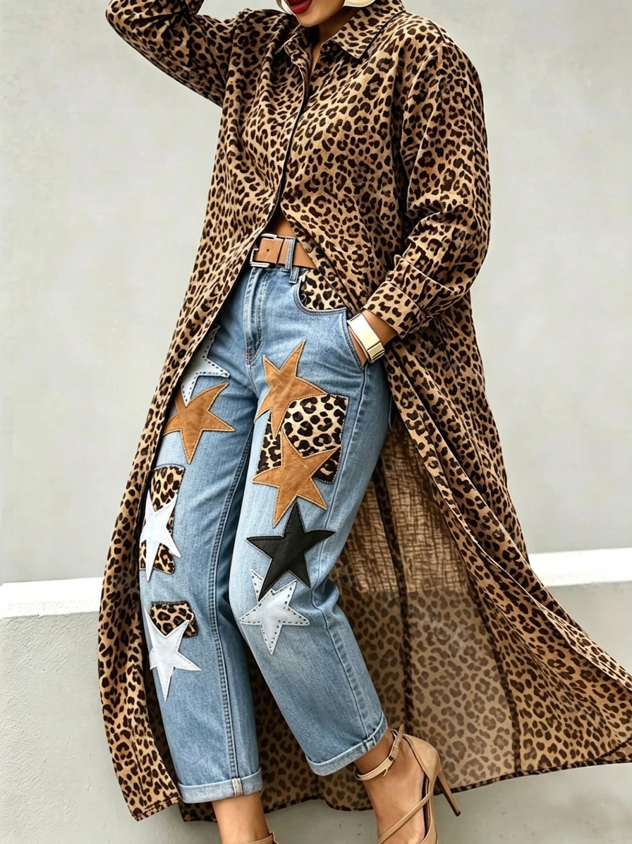 Nova | Women's Star And Leopard Patchwork Relaxed Denim Pants
