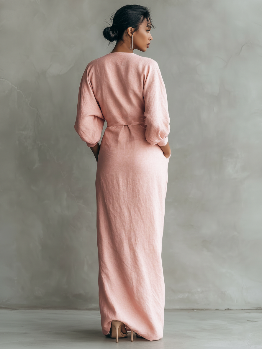 Women's Minimalist V-neck Linen Blend Maxi Dress