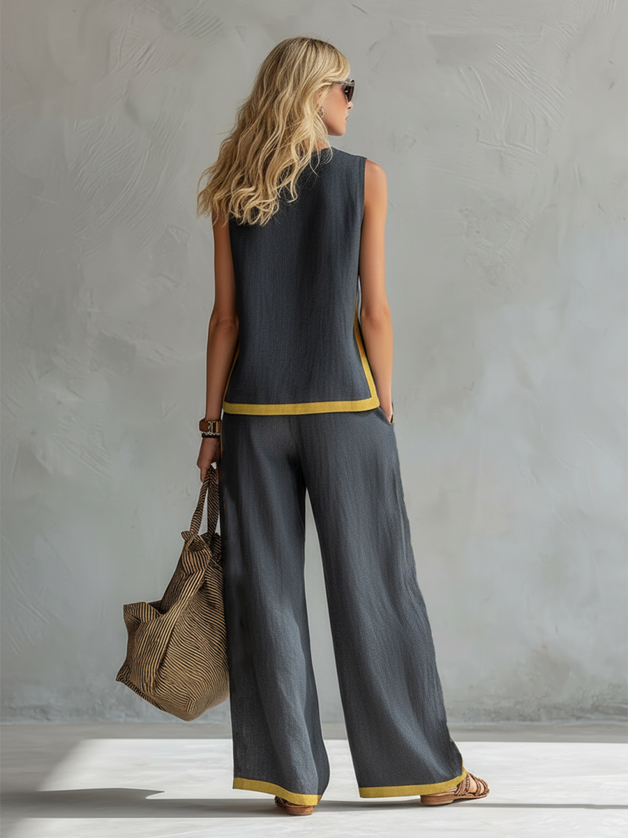 Leila | Contrast Trim Sleeveless Shell And Wide-Leg Linen Set