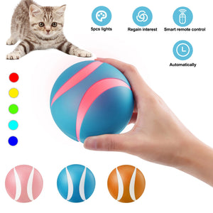 Remote Controlled Bounce Ball - Smart Interactive Self-Rotating Cat Toy Ball with Colorful LED and Catnip Bell Feather