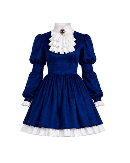 Gothic Costume Dark Blue Victorian Dress with Striped Socks Gloves for Girls Women Halloween Comic-Con