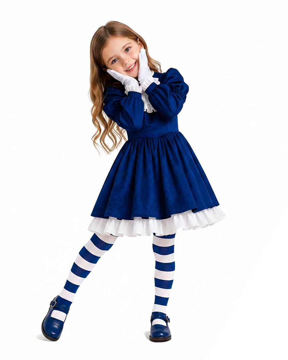Gothic Costume Dark Blue Victorian Dress with Striped Socks Gloves for Girls Women Halloween Comic-Con