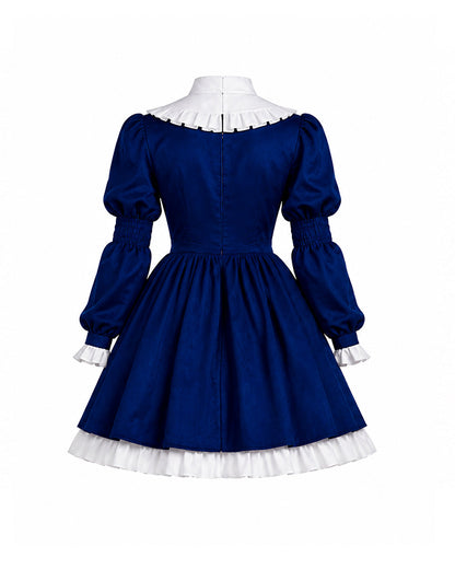 Gothic Costume Dark Blue Victorian Dress with Striped Socks Gloves for Girls Women Halloween Comic-Con