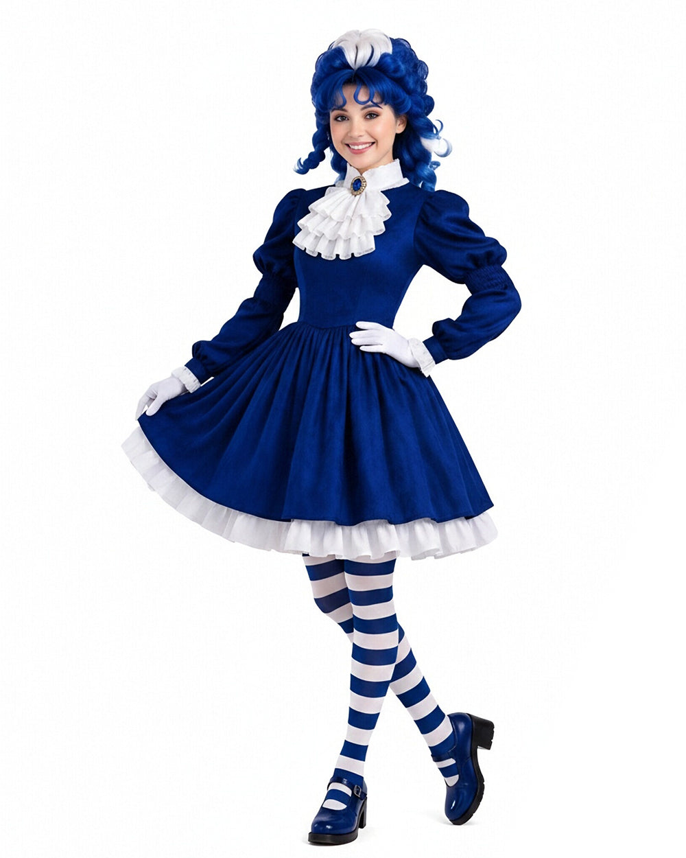 Gothic Costume Dark Blue Victorian Dress with Striped Socks Gloves for Girls Women Halloween Comic-Con