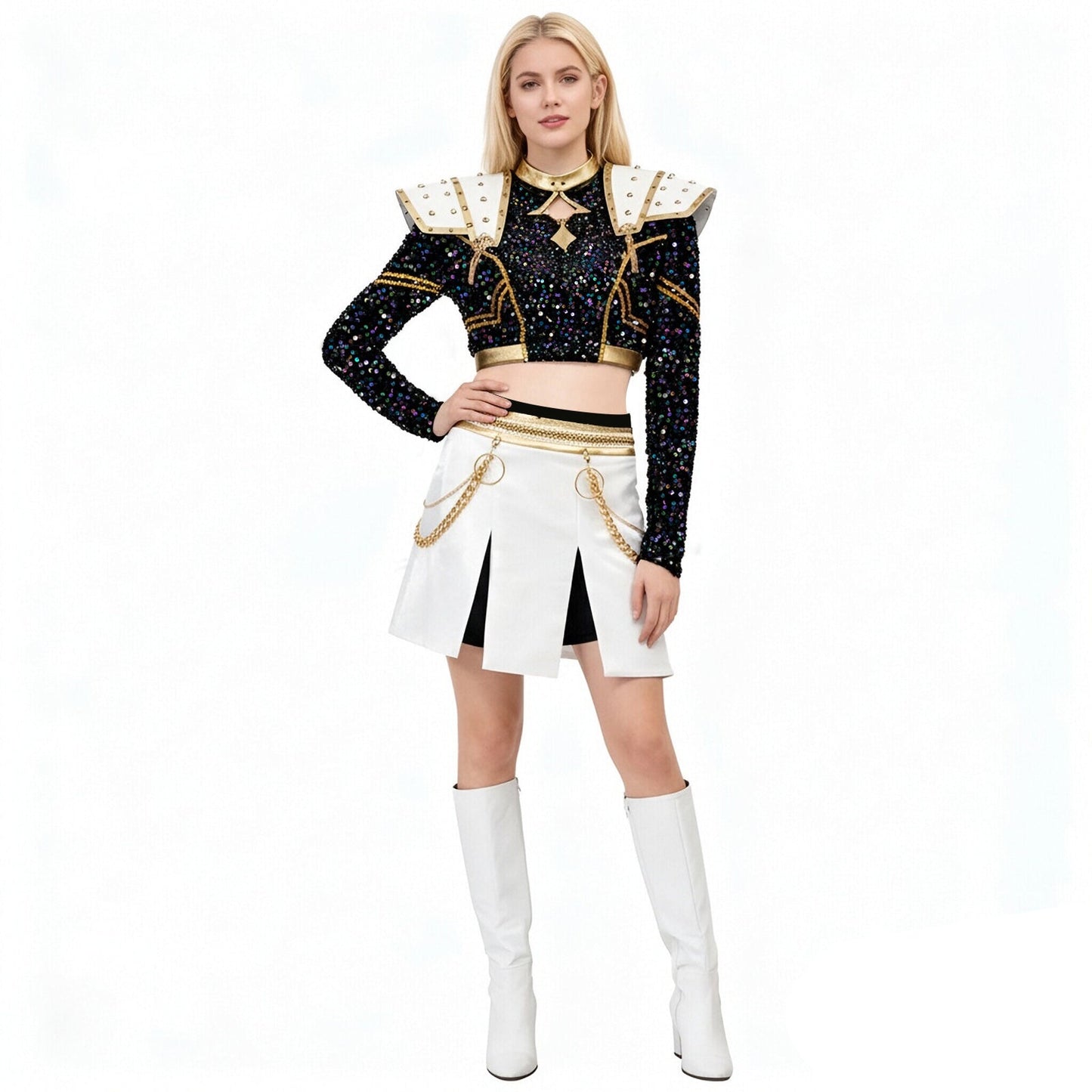 KPop Zoey Golden Outfit 4-piece Black Sequins Zoey Cosplay Costume Stage Performance Suit