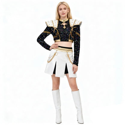 KPop Zoey Golden Outfit 4-piece Black Sequins Zoey Cosplay Costume Stage Performance Suit