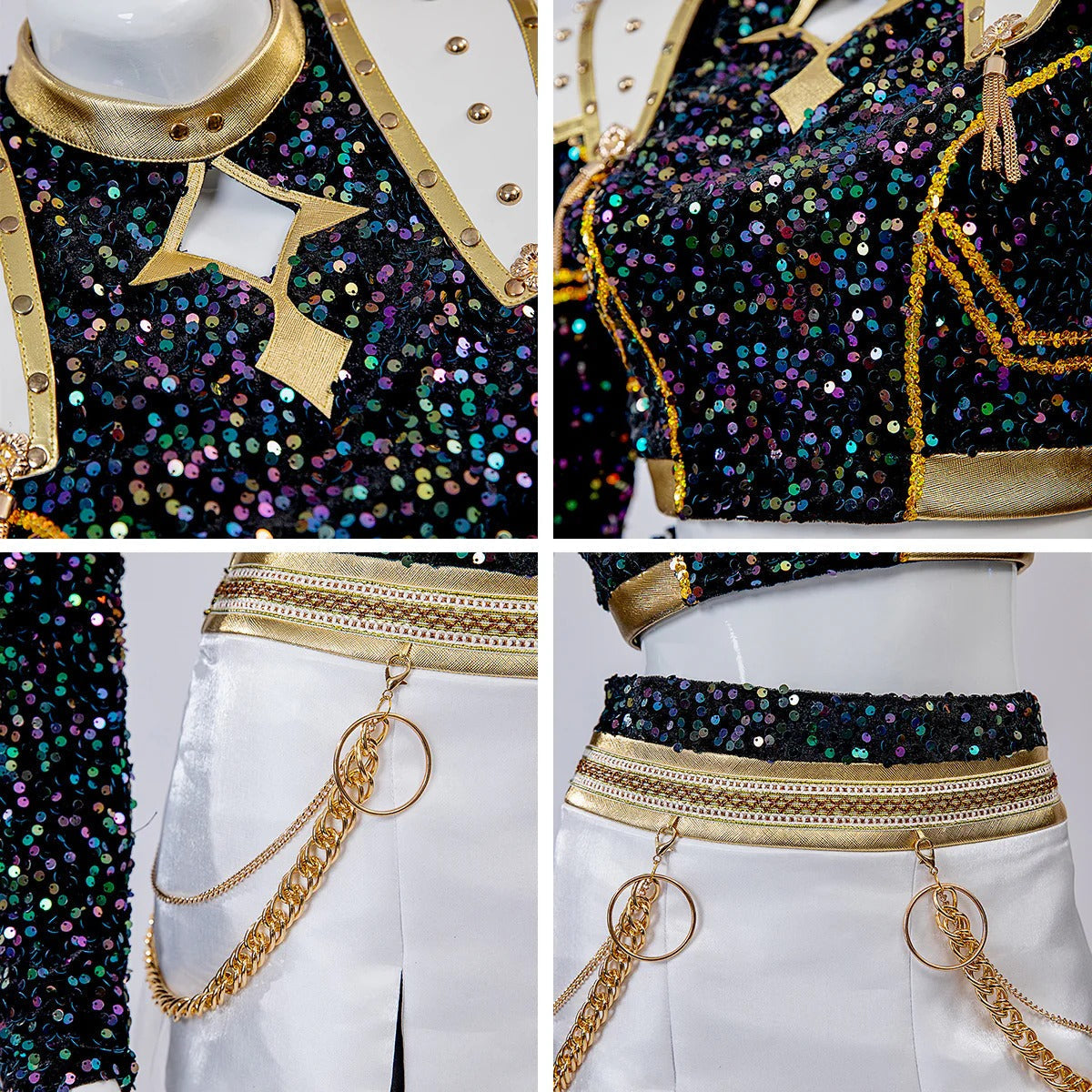 KPop Zoey Golden Outfit 4-piece Black Sequins Zoey Cosplay Costume Stage Performance Suit