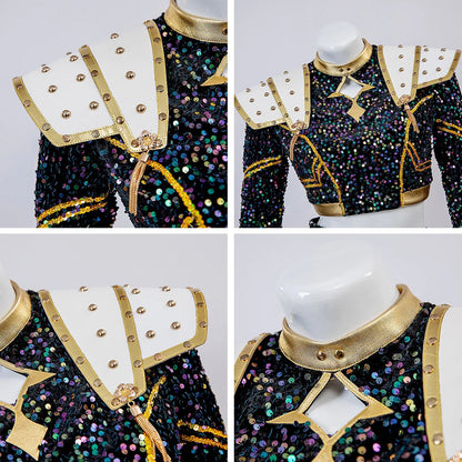 KPop Zoey Golden Outfit 4-piece Black Sequins Zoey Cosplay Costume Stage Performance Suit
