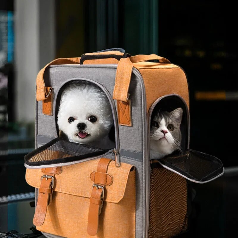 Large Capacity Canvas Dog Carrier Backpack - Double Shoulder Foldable Pet Travel Backpack