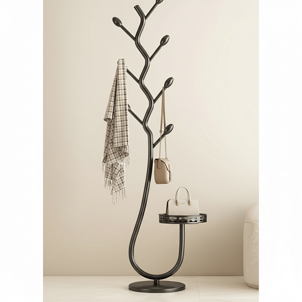 Nordic Elegance | Coat Rack Stand with Black Iron Tree Design | Space-Saving Organizer for Modern Interiors 1