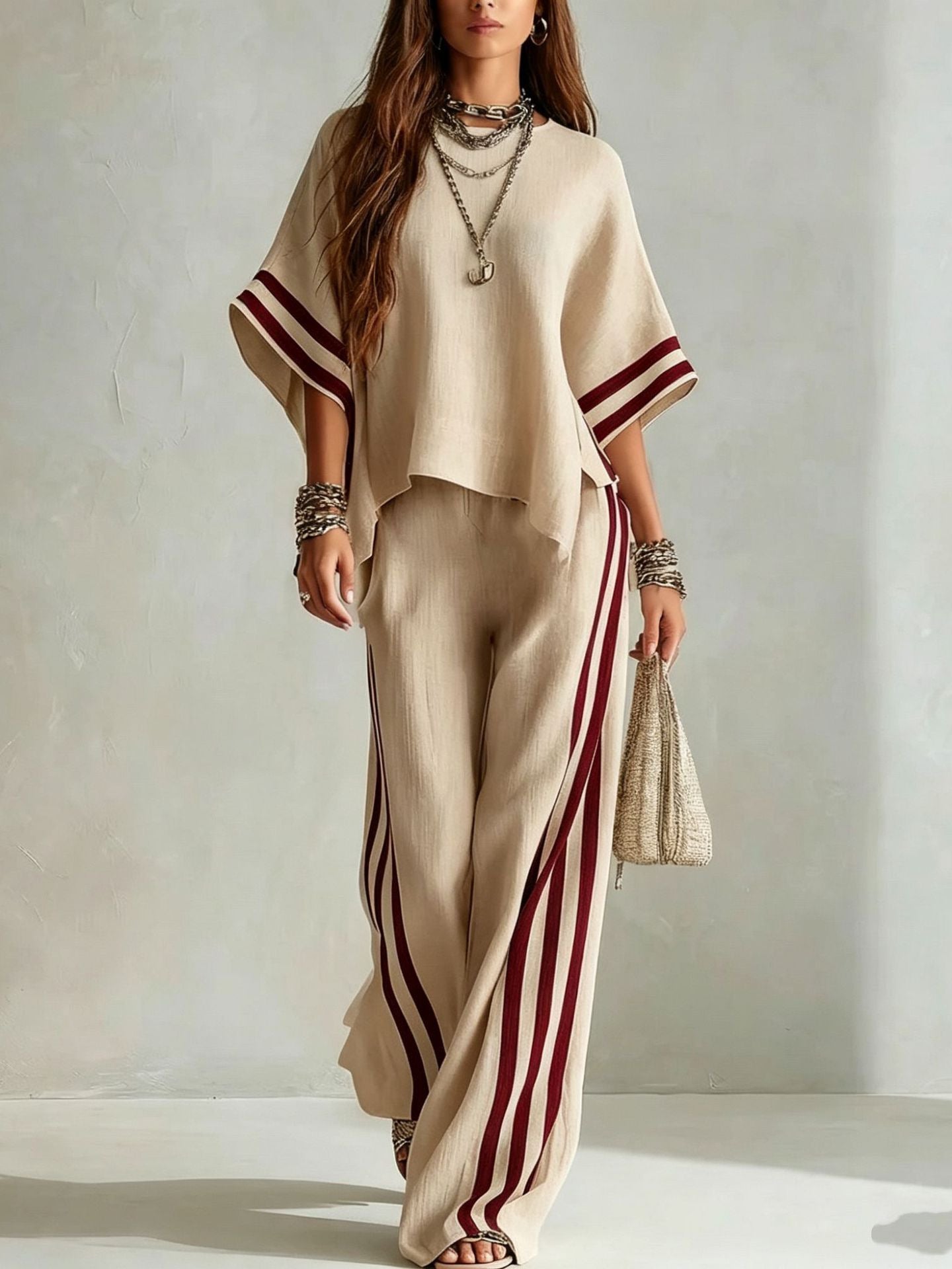 Bohemian Cream Relaxed Top & Wide-Leg Pants Two-Piece Set