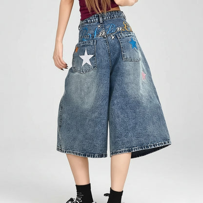 Sawyer | Star Embroidered Wide-Leg Denim Shorts