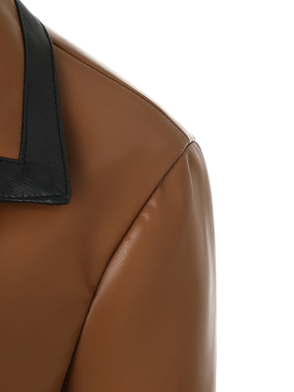Noelle | Contrast Trim Belted Faux Leather Coat