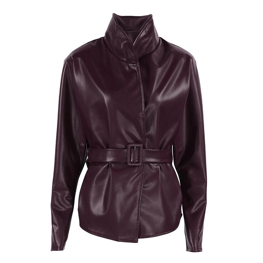 Scarlett | Belted Stand Collar Faux Leather Jacket