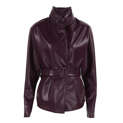 Scarlett | Belted Stand Collar Faux Leather Jacket