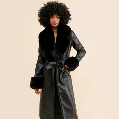 Odette | Long Faux Leather Coat with Fur Trim