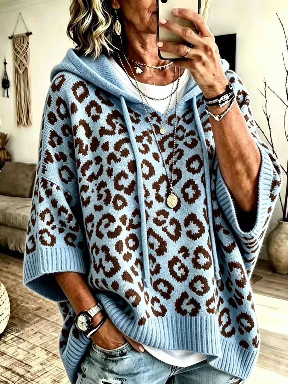 Kaia | Leopard Print Hooded Knit Poncho Sweater