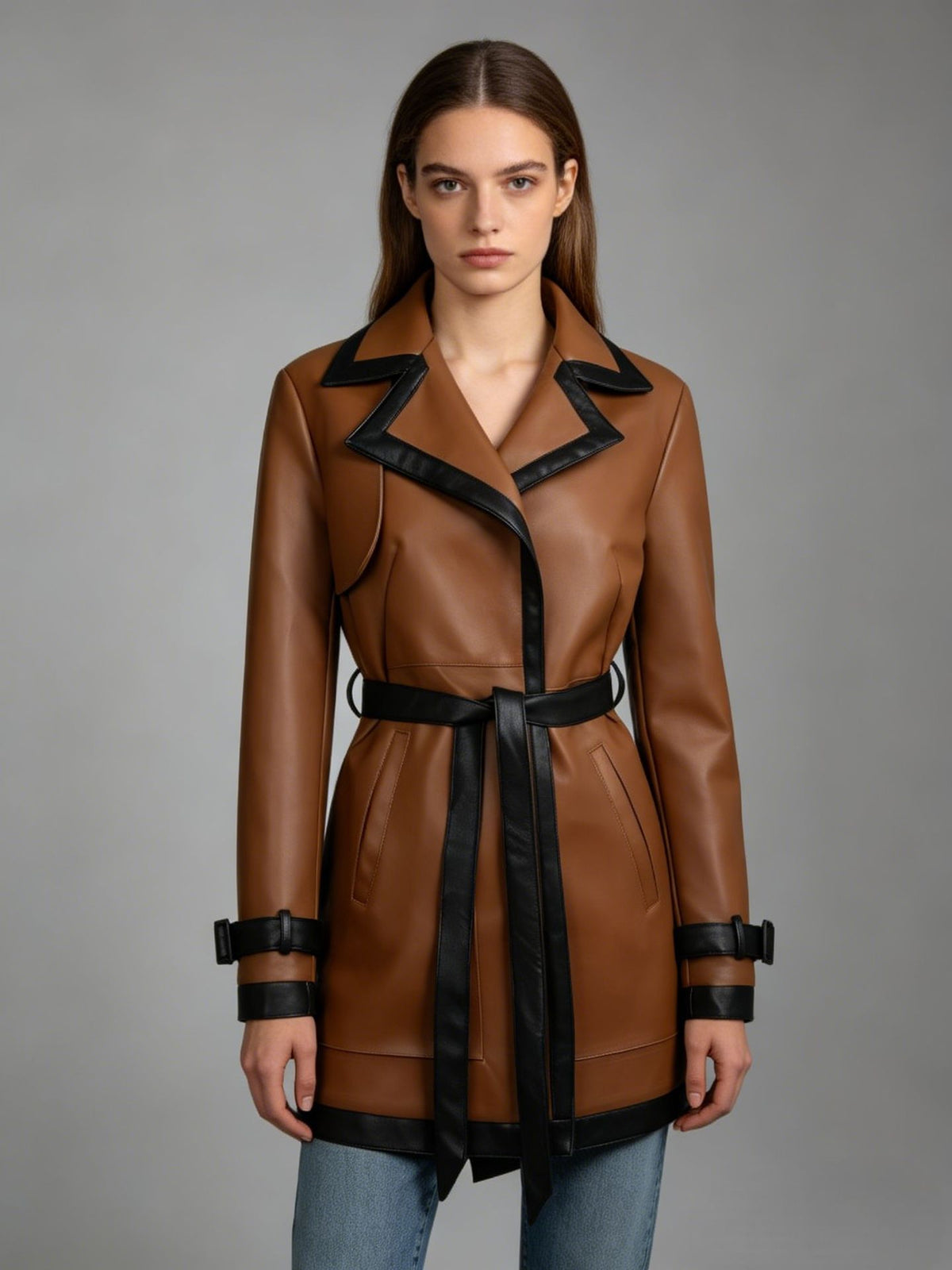 Noelle | Contrast Trim Belted Faux Leather Coat