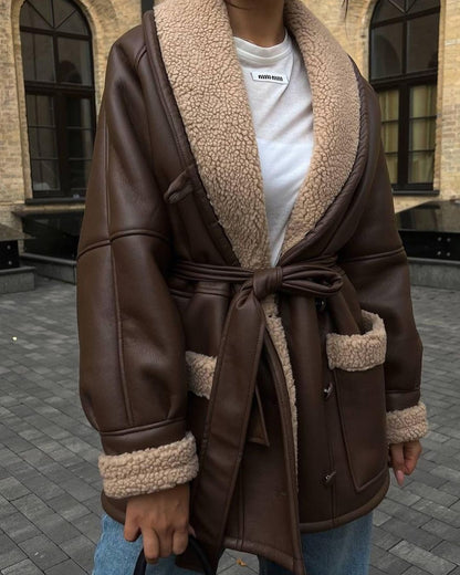 Maren | Belted Faux Shearling Aviator Coat