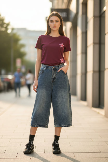 Sawyer | Star Embroidered Wide-Leg Denim Shorts