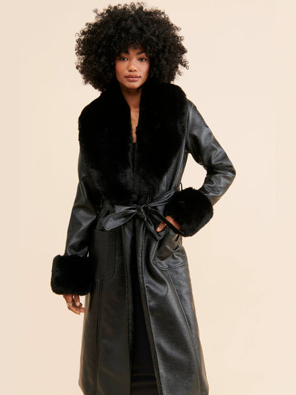 Odette | Long Faux Leather Coat with Fur Trim