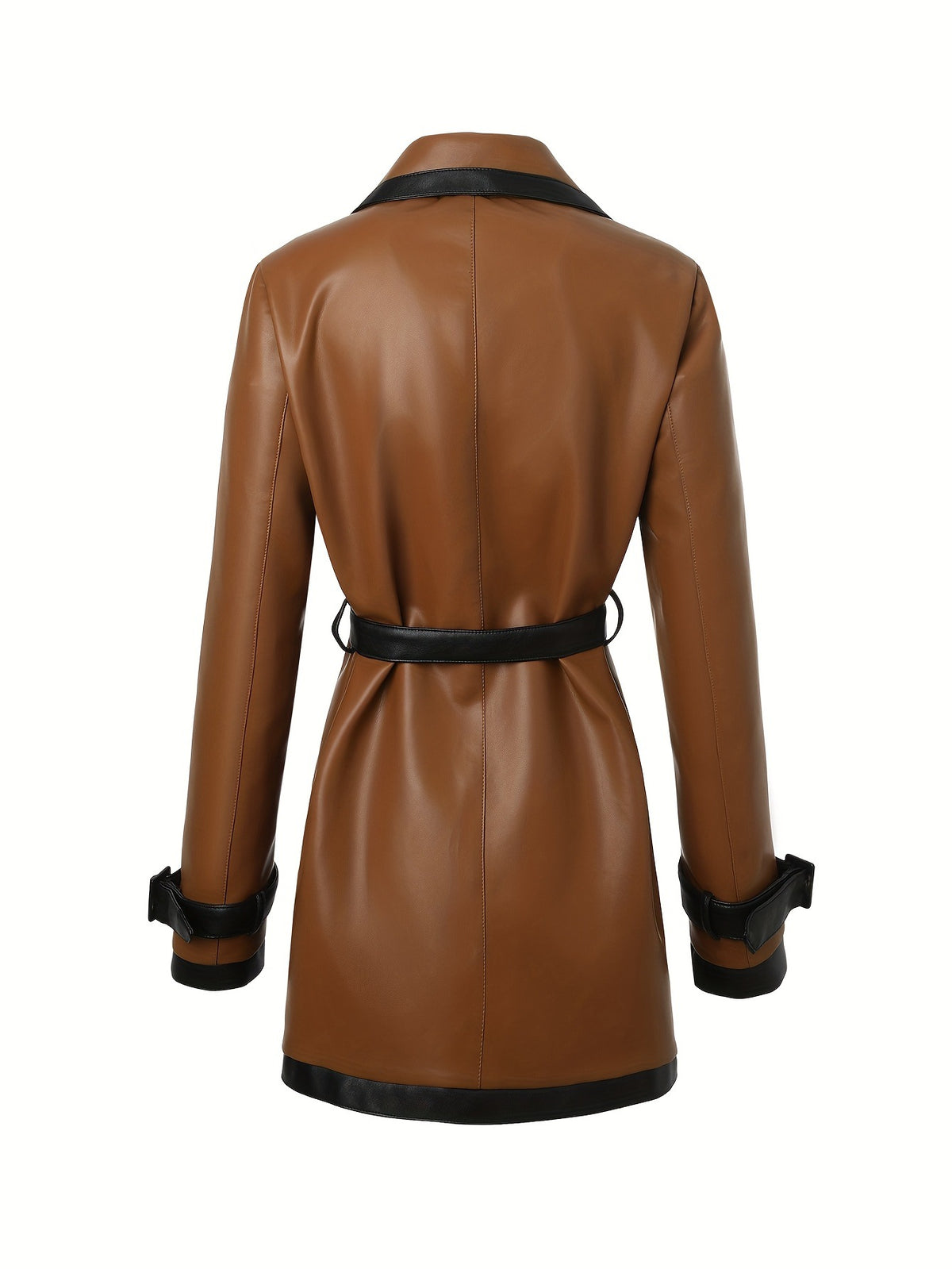 Noelle | Contrast Trim Belted Faux Leather Coat