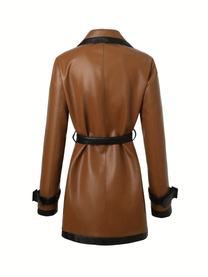 Noelle | Contrast Trim Belted Faux Leather Coat