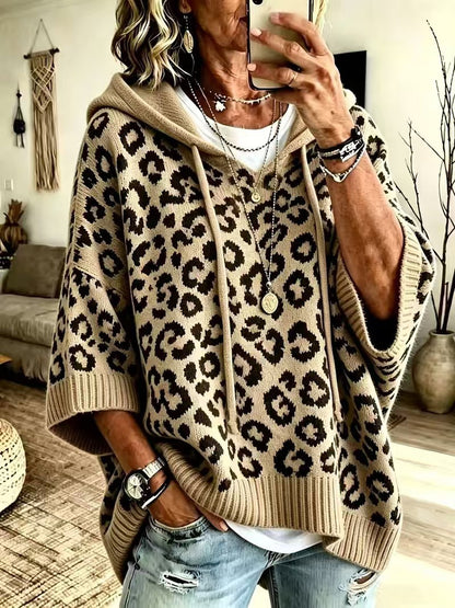 Kaia | Leopard Print Hooded Knit Poncho Sweater