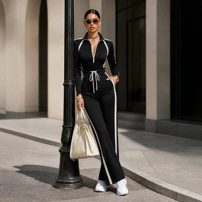 Thessaly | Striped Half-Zip Wide-Leg Jumpsuit