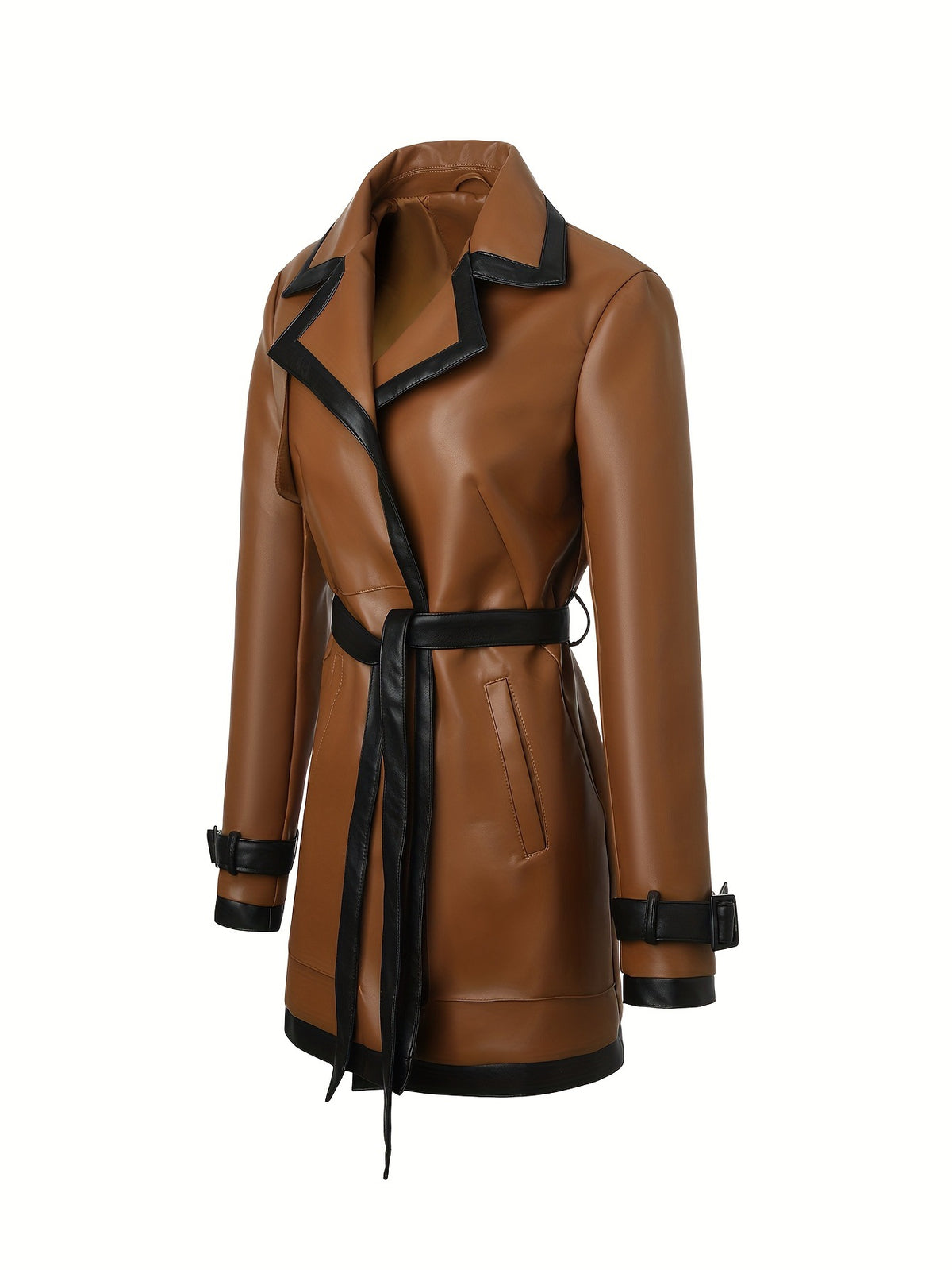 Noelle | Contrast Trim Belted Faux Leather Coat
