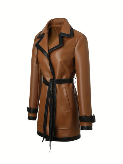 Noelle | Contrast Trim Belted Faux Leather Coat