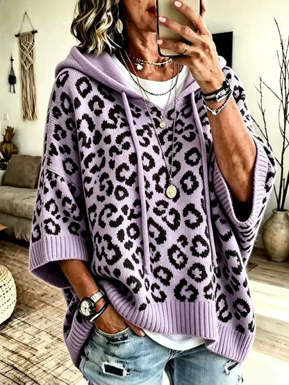 Kaia | Leopard Print Hooded Knit Poncho Sweater