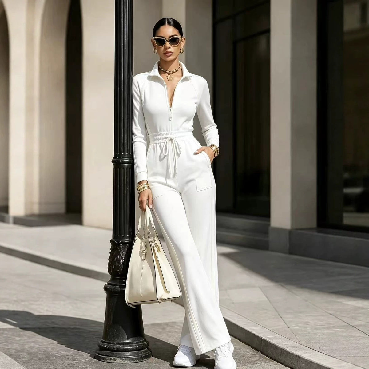 Thessaly | Striped Half-Zip Wide-Leg Jumpsuit