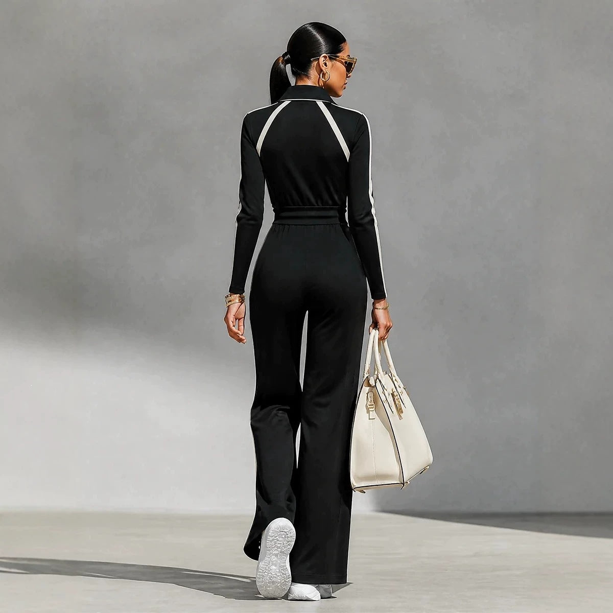 Thessaly | Striped Half-Zip Wide-Leg Jumpsuit