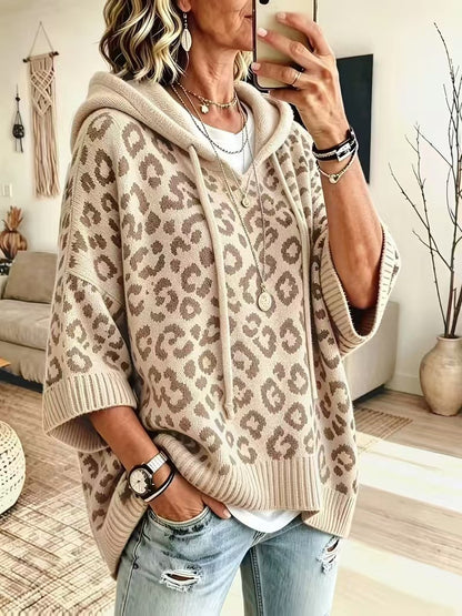 Kaia | Leopard Print Hooded Knit Poncho Sweater