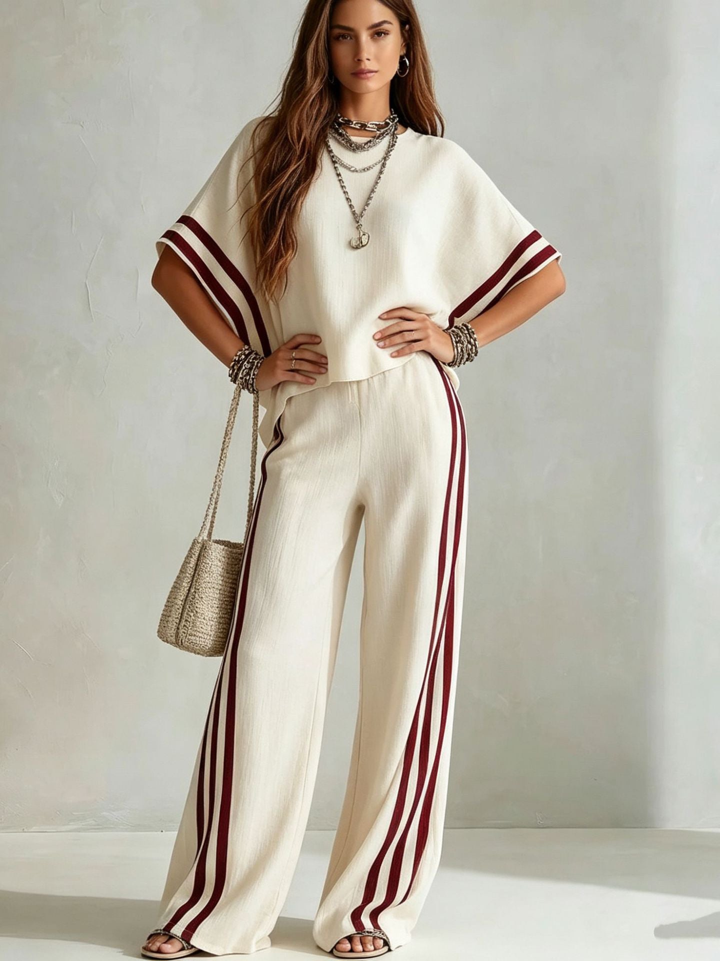 Bohemian Cream Relaxed Top & Wide-Leg Pants Two-Piece Set