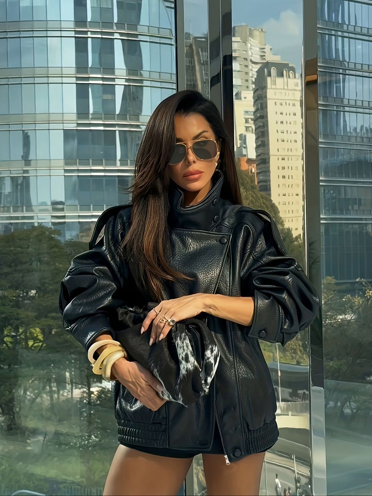 Sienna | Oversized Faux Leather Moto Bomber Jacket
