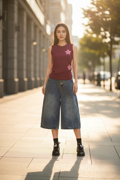 Sawyer | Star Embroidered Wide-Leg Denim Shorts